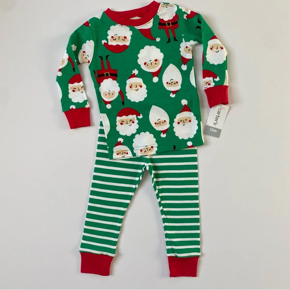 Santa Pajamas Size 18 Months NWT New Boys Girls Green Red Carter’s Striped Pants
